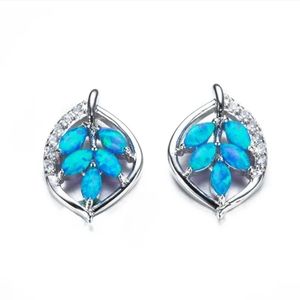 Blue Fire Opal Diamond Faux Silver Leaf Leafs Crystals Stud Earrings